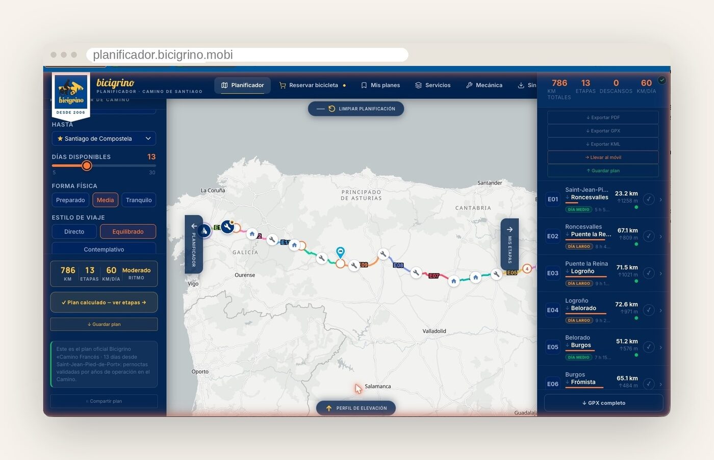 Planificador con la capa de alojamientos: dónde dormir en el Camino de Santiago en bicicleta etapa a etapa