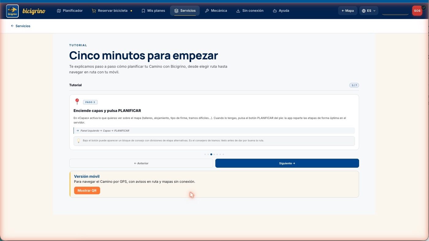 Pantalla de bienvenida de la app de Bicigrino en el ordenador con la guía para empezar a planificar el Camino en bici