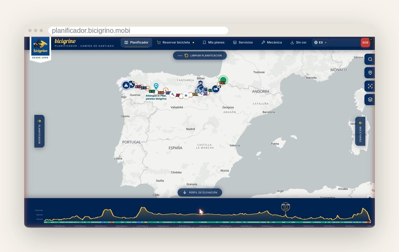 Mapa completo del Camino con el perfil de elevación de la ruta en la app de Bicigrino