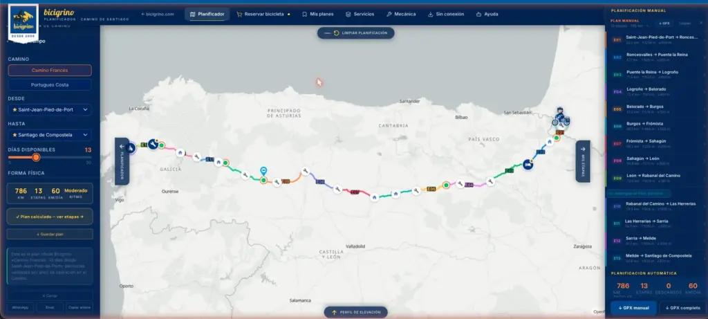 Planificador del Camino Francés en bicicleta con mapa de la ruta y perfil de desnivel en la app de Bicigrino