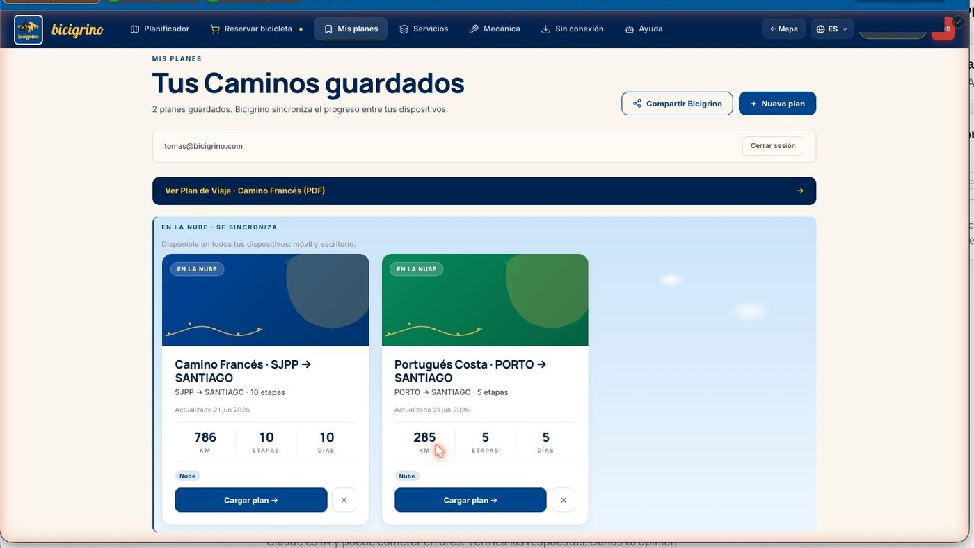 Pantalla de planes guardados en la app de Bicigrino para recuperar el Camino en cualquier dispositivo