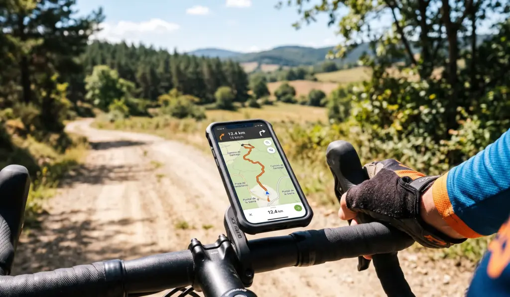 Navegación GPS del Camino de Santiago en el móvil montado en el manillar de la bicicleta