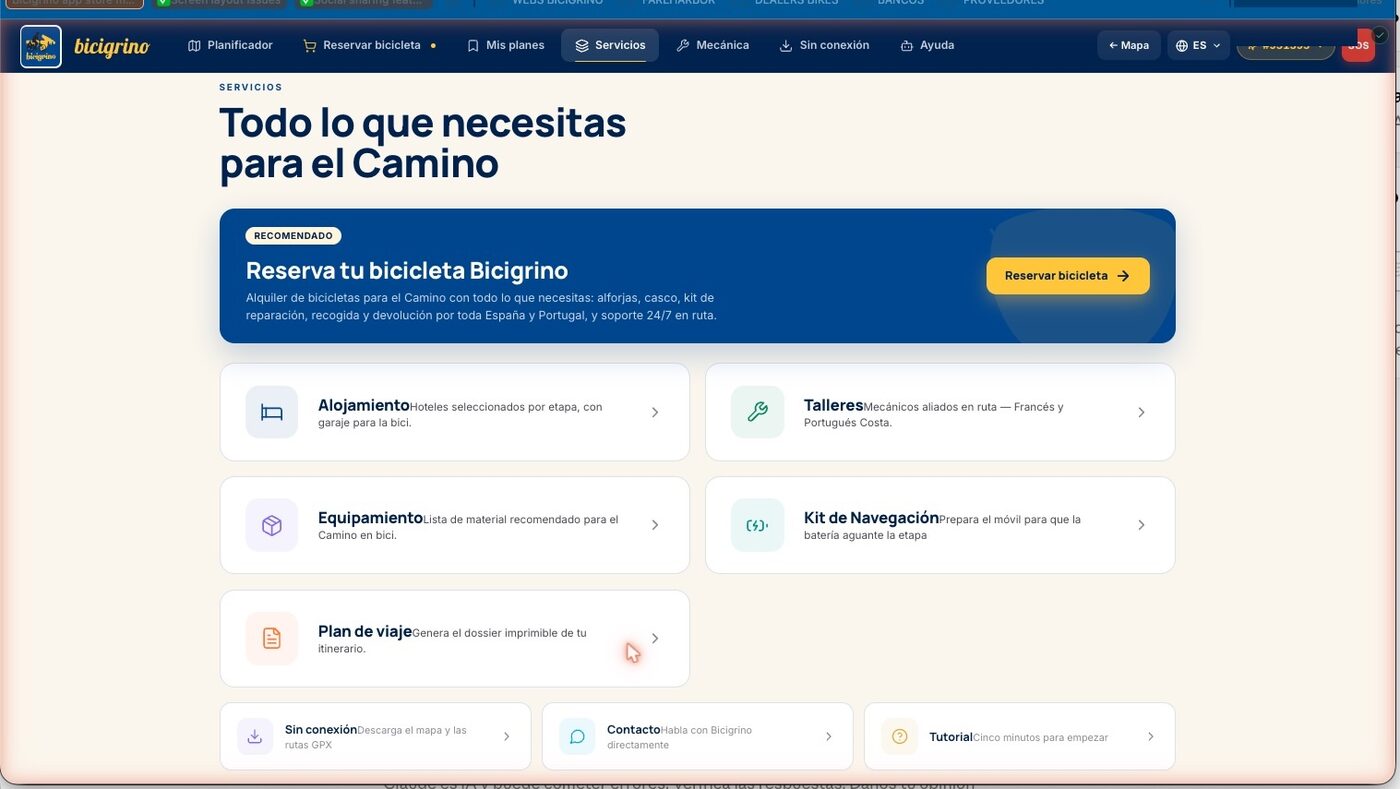 Panel de servicios del Camino en bici en la app de Bicigrino: talleres, hoteles y equipamiento