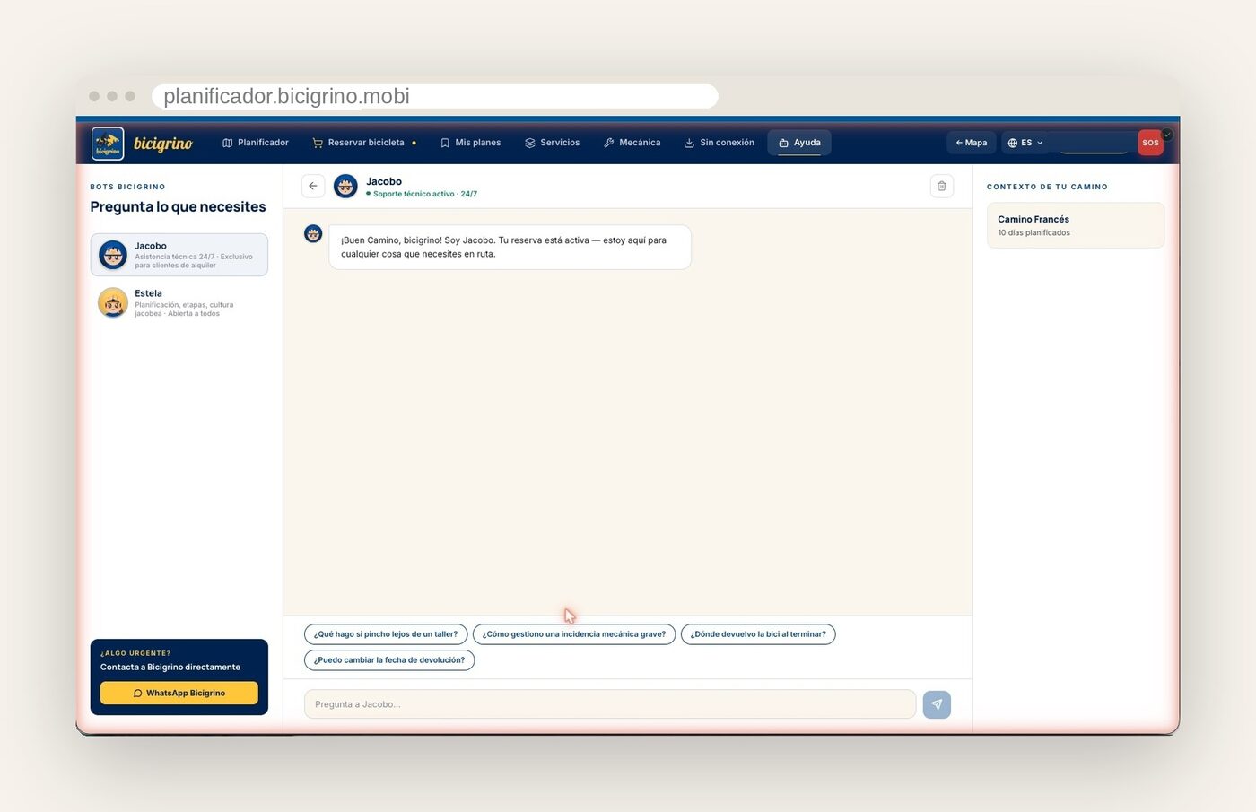 Asistentes Estela y Jacobo de la app de Bicigrino para resolver dudas del Camino