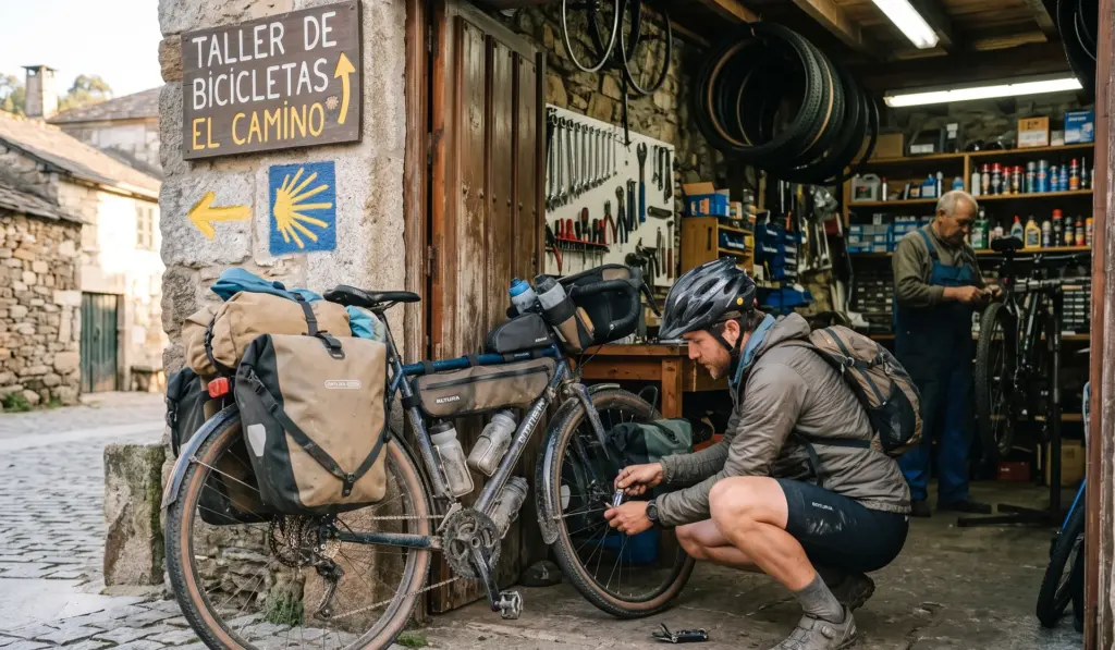 Taller de bicicletas en el Camino de Santiago para reparar la bici en ruta