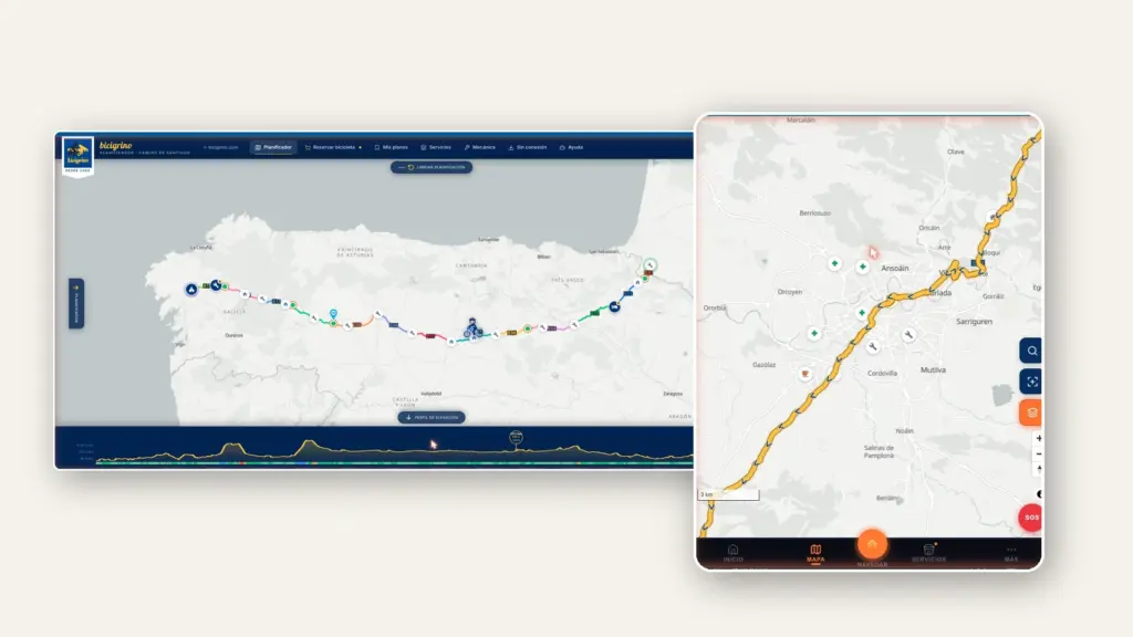 App de Bicigrino para el Camino de Santiago en bicicleta en ordenador y móvil