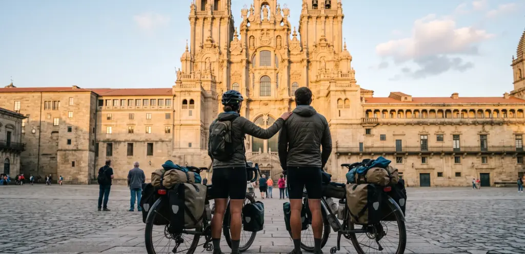 Ciclistas llegando a la Catedral de Santiago de Compostela en bicicleta