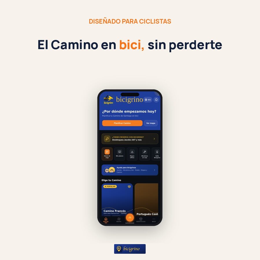 Pantalla de inicio de la app de Bicigrino en el móvil para el Camino de Santiago en bici