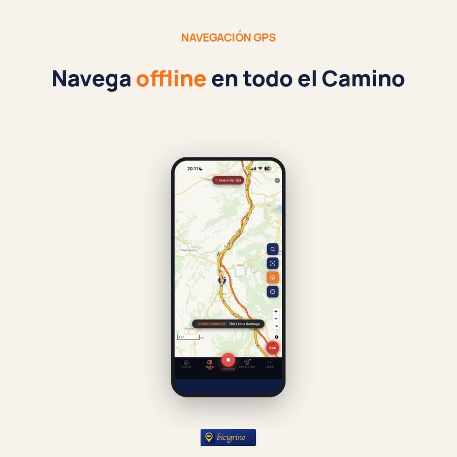 La app del Camino de Santiago en bici de Bicigrino navegando por GPS sin cobertura