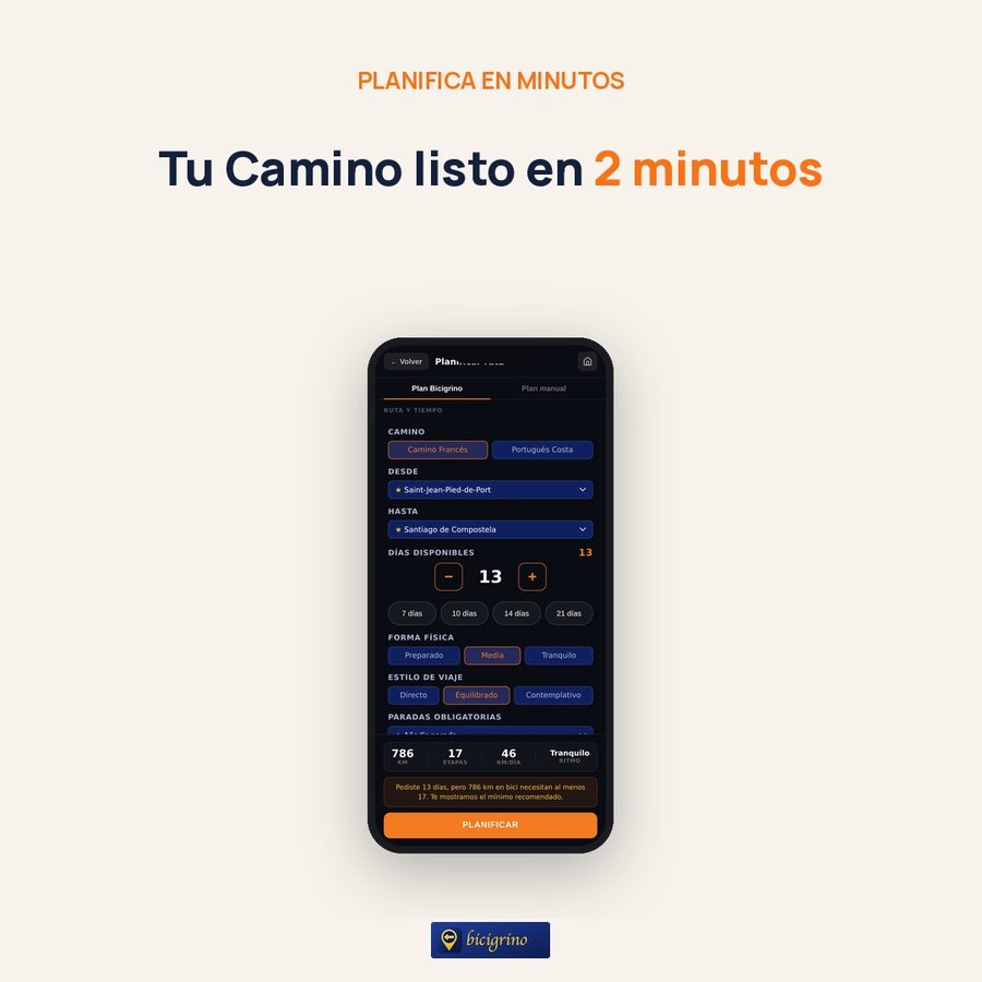 Planificador de etapas del Camino en bici en el móvil de la app de Bicigrino