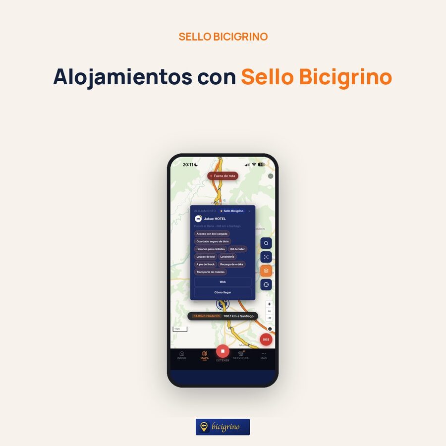Alojamientos con Sello Bicigrino sobre el mapa de la app del Camino
