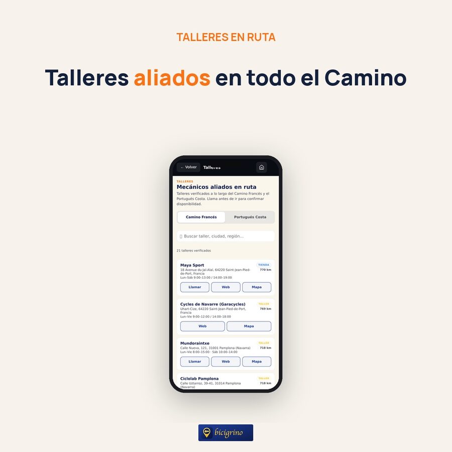 Talleres de bici aliados a lo largo del Camino en la app de Bicigrino