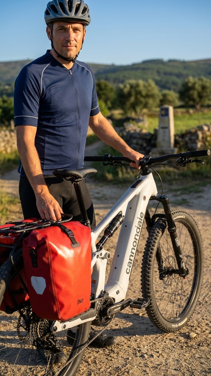 Pelerin avec un VTT electrique tout suspendu Cannondale avec sacoches sur le Chemin de Compostelle