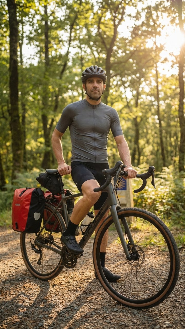 Cyclist riding a Cannondale Topstone gravel bike with panniers on the Camino de Santiago