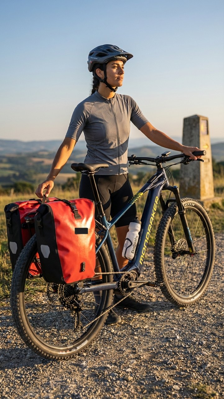 Peregrina con e-bike Mondraker con alforjas junto a un mojon del Camino de Santiago