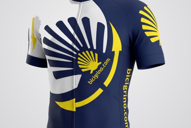 Maillot de ciclismo Bicigrino Flat Blue azul marino con la vieira del Camino de Santiago