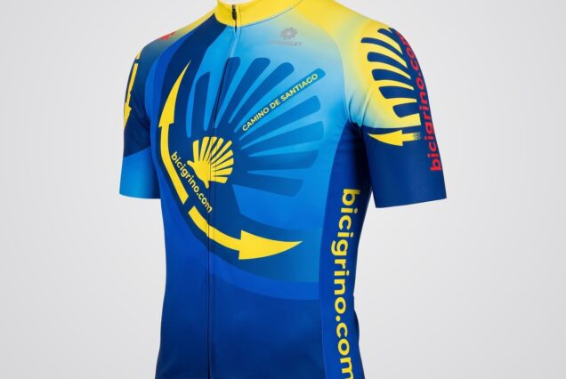 Maillot de ciclismo Bicigrino del Camino de Santiago azul con la concha y flecha amarilla