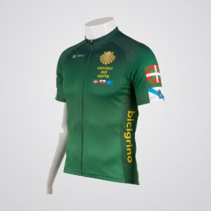 Maillot de ciclismo Bicigrino del Camino del Norte verde con concha y banderas de Euskadi, Cantabria, Asturias y Galicia