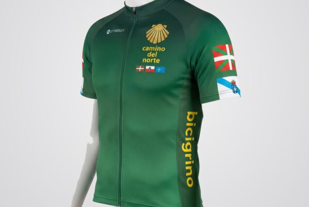 Maillot de ciclismo Bicigrino del Camino del Norte verde con concha y banderas de Euskadi, Cantabria, Asturias y Galicia