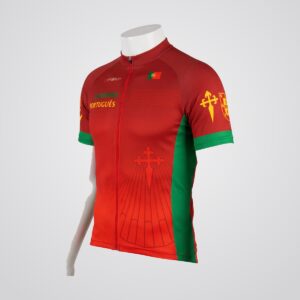 Maillot de ciclismo Bicigrino del Camino Portugués rojo con bandera de Portugal y cruz de Santiago