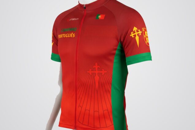 Maillot de ciclismo Bicigrino del Camino Portugués rojo con bandera de Portugal y cruz de Santiago