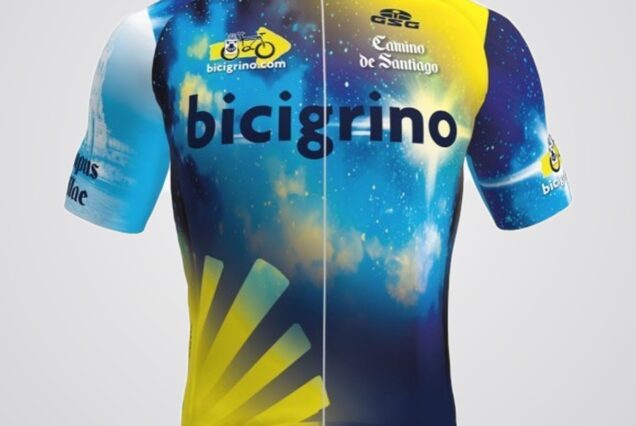 Maillot de ciclismo Xacobeo 2027 Bicigrino azul estrellado con la concha del Camino de Santiago