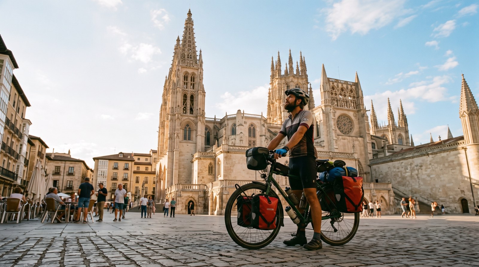 Ciclista con alforjas ante la catedral de Burgos, inicio del Camino Francés en bicicleta