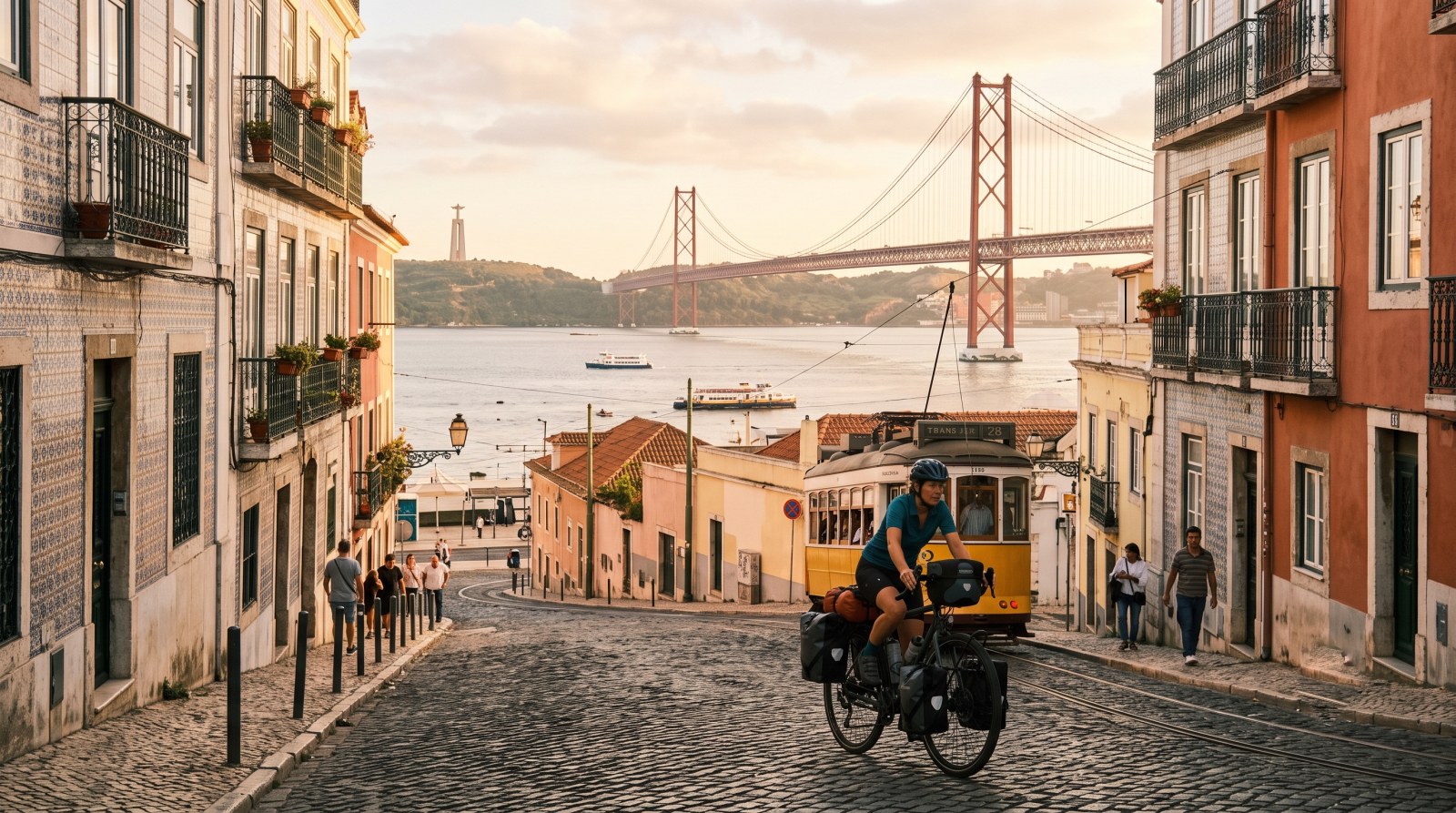 Ciclista con alforjas en una calle de Lisboa con el tranvía amarillo y el puente 25 de Abril, inicio del Camino Portugués en bicicleta