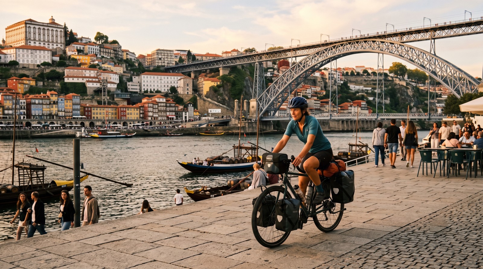 Ciclista con alforjas en la Ribeira de Oporto junto al puente Dom Luís I, inicio del Camino Portugués en bicicleta