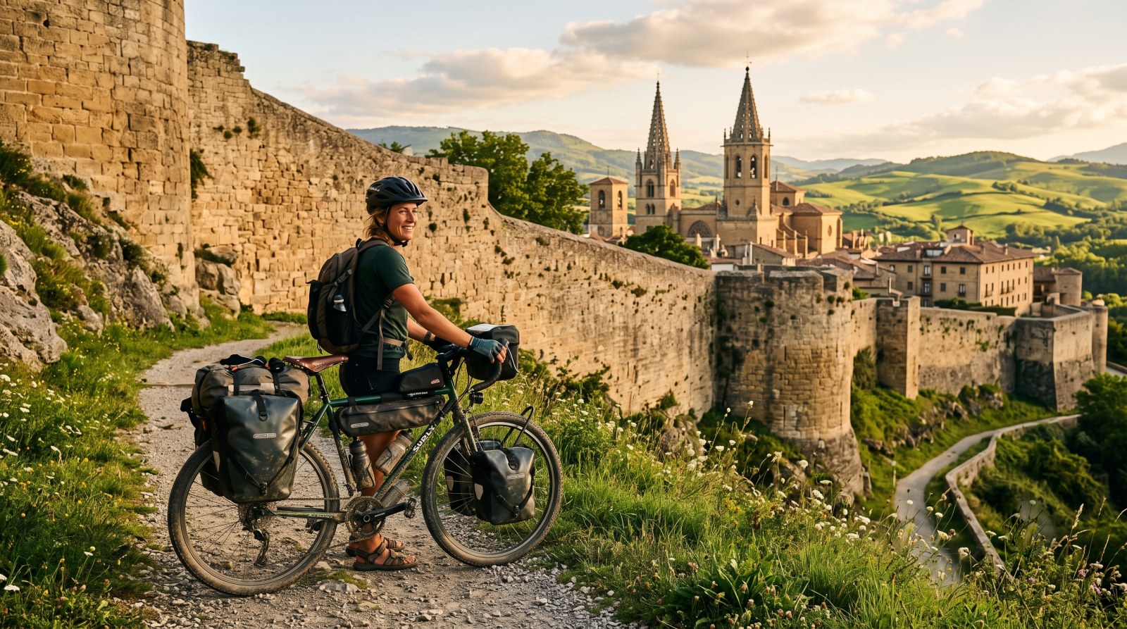 Ciclista con alforjas junto a las murallas de Pamplona, inicio del Camino Francés en bicicleta