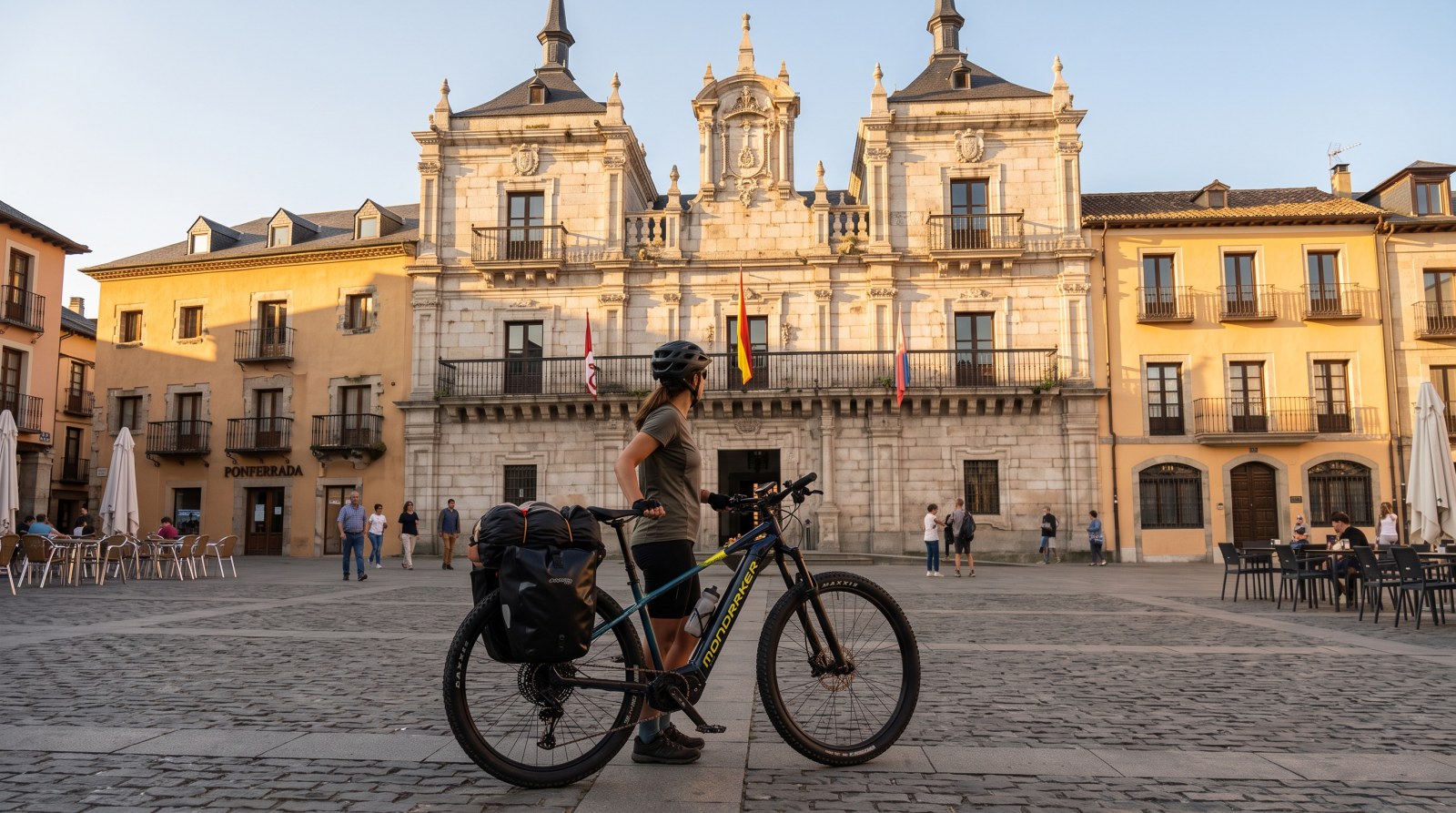Ciclista con alforjas en la plaza de Ponferrada, en el Bierzo, inicio del Camino Francés en bicicleta