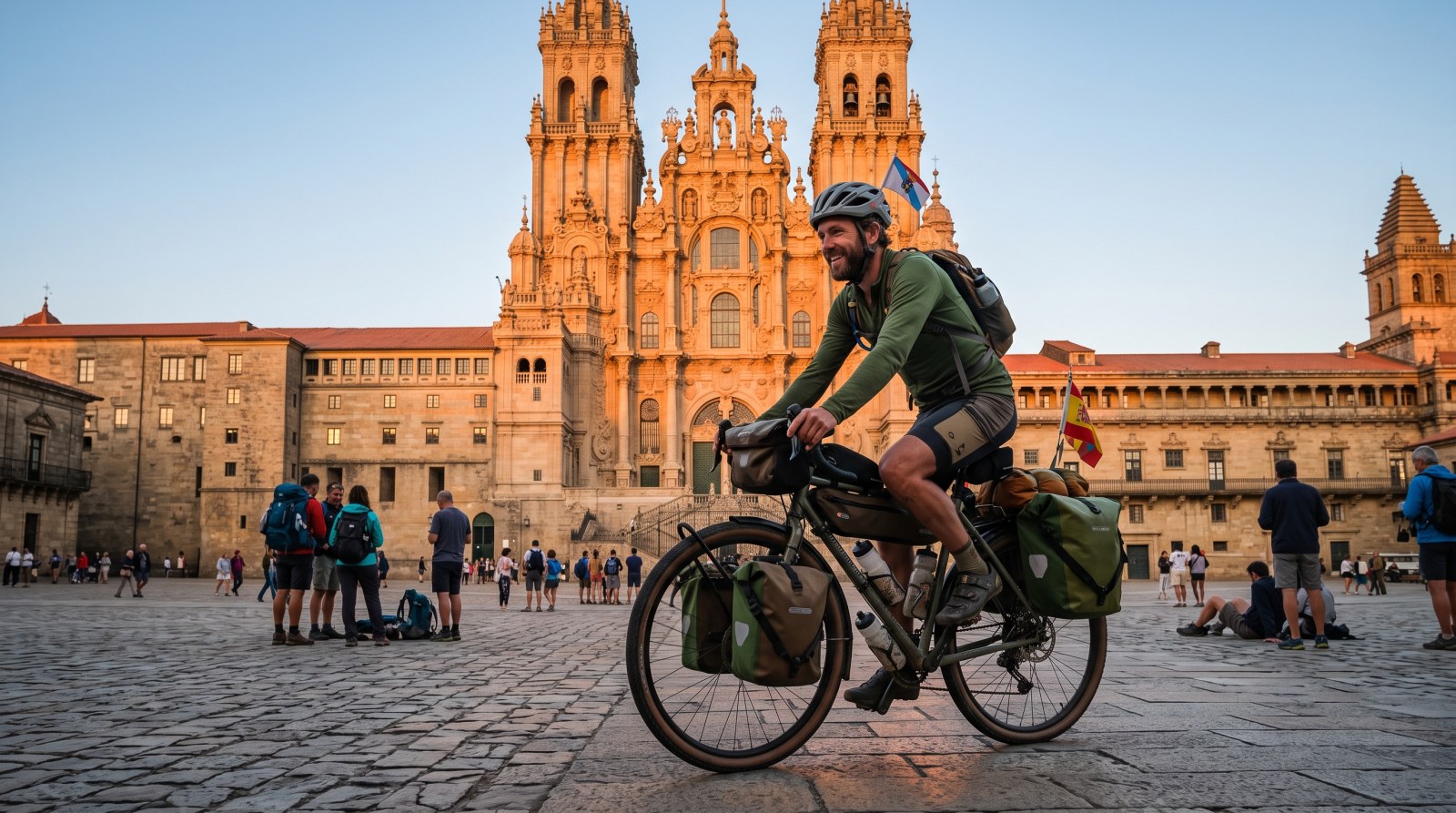 Ciclista con alforjas llegando a la Praza do Obradoiro frente a la Catedral de Santiago de Compostela al atardecer, final del Camino de Santiago en bicicleta