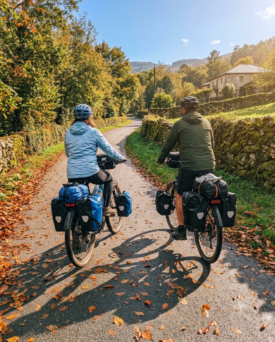 Dos cicloturistas con bicicletas cargadas con alforjas en un camino rural de Galicia en otoño