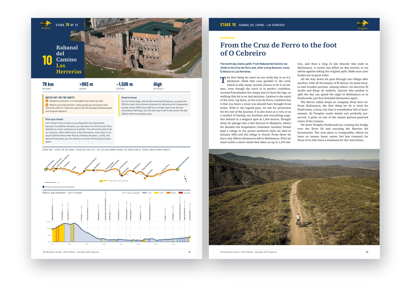 Double-page spread of stage 10, from Rabanal del Camino to Las Herrerías over the Cruz de Ferro