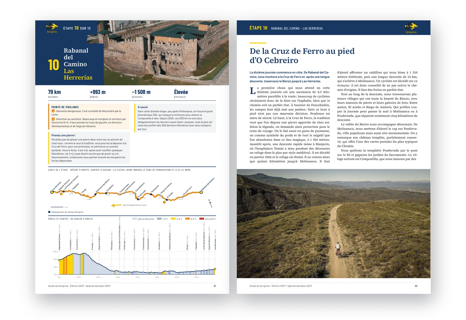 Double page de l’étape 10, de Rabanal del Camino à Las Herrerías par la Cruz de Ferro