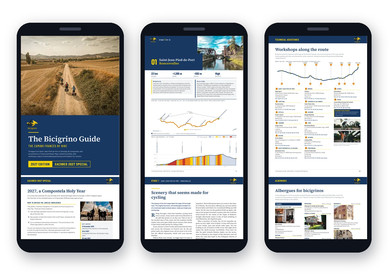 The light version of the Bicigrino Guide 2027 shown on three mobile phones