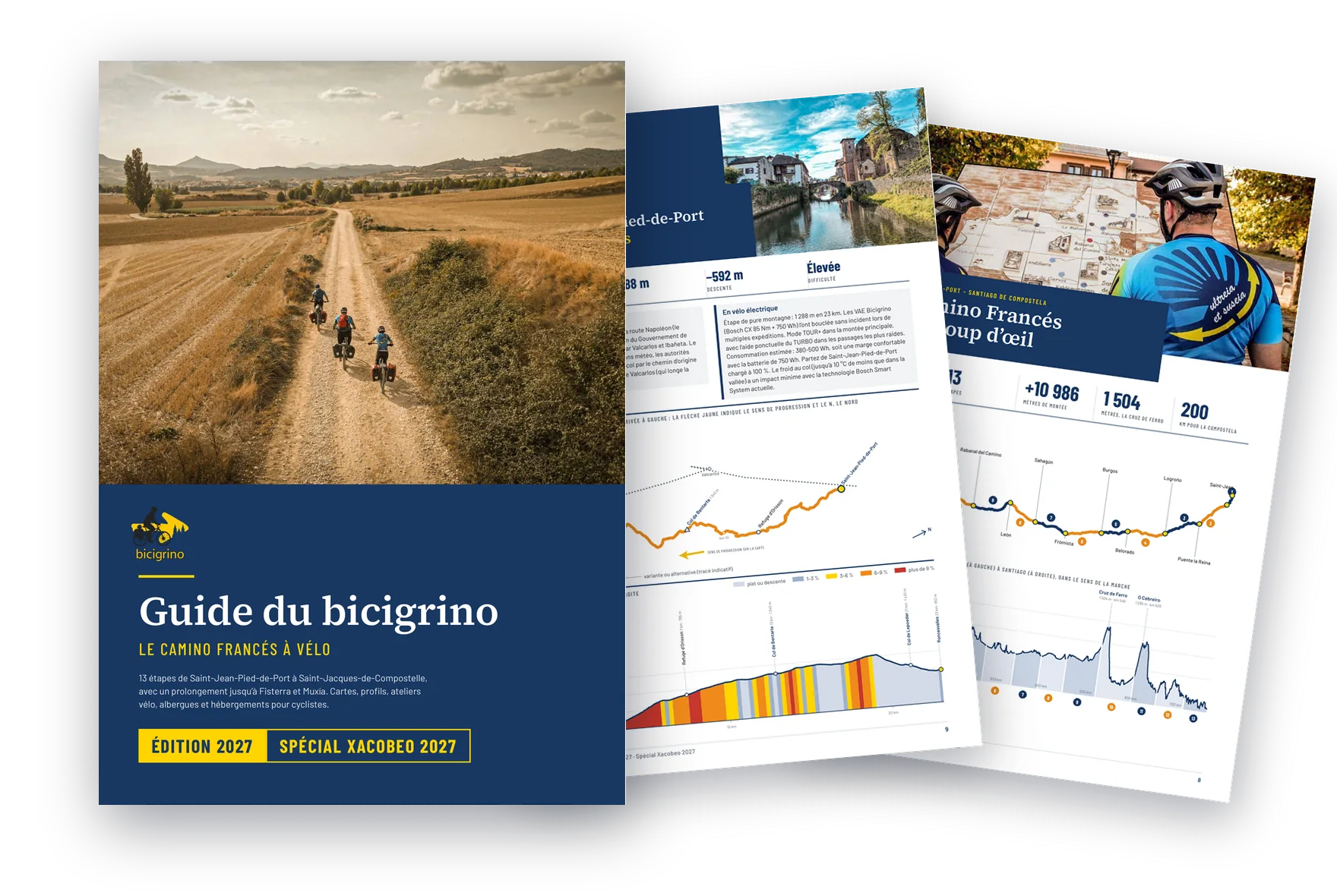 Couverture et pages intérieures du Guide du bicigrino 2027, le Camino Francés à vélo