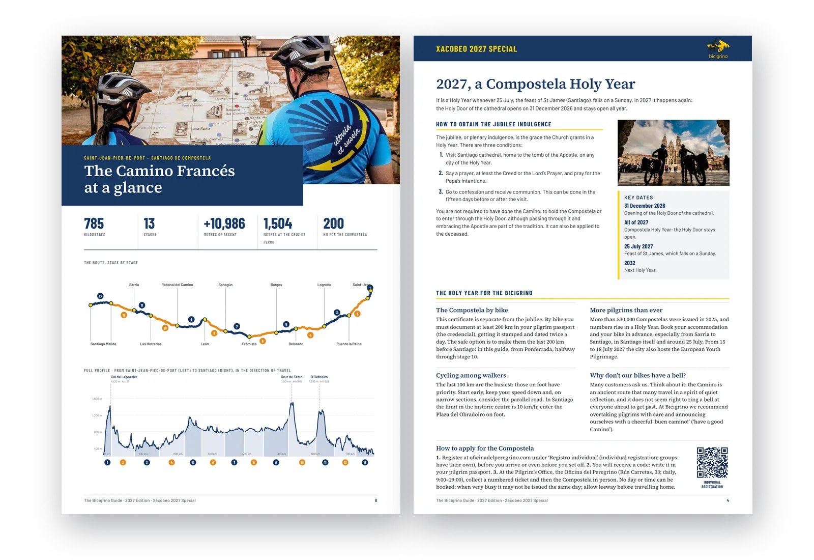 Page showing the whole Camino Francés in 13 stages and opening page of the Xacobeo 2027 special