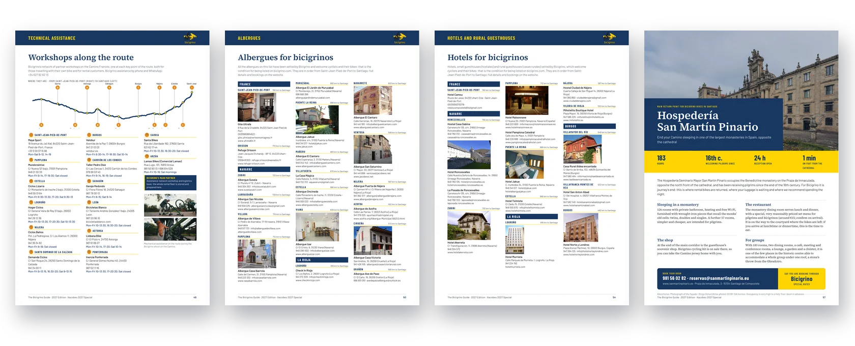 Pages on workshops, albergues, hotels and the Hospedería San Martín Pinario in the Bicigrino Guide